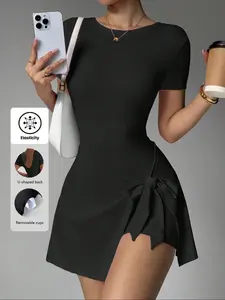 New Plain Short Sleeve Jumpsuit with Tie Waist, Stylish Yoga Tennis Solid Sports Dress for Women, Trendy Sporty Bodysuit for Active Lifestyle