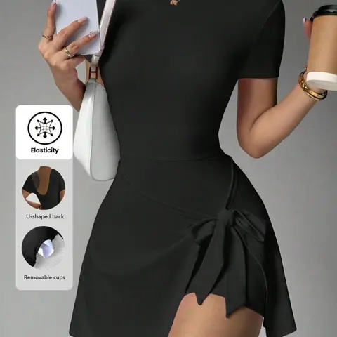 New Plain Short Sleeve Dress with Tie Waist, Stylish Yoga Tennis Dress for Women, Trendy Sporty Dress for Active Lifestyle, Workout Exercise Dress