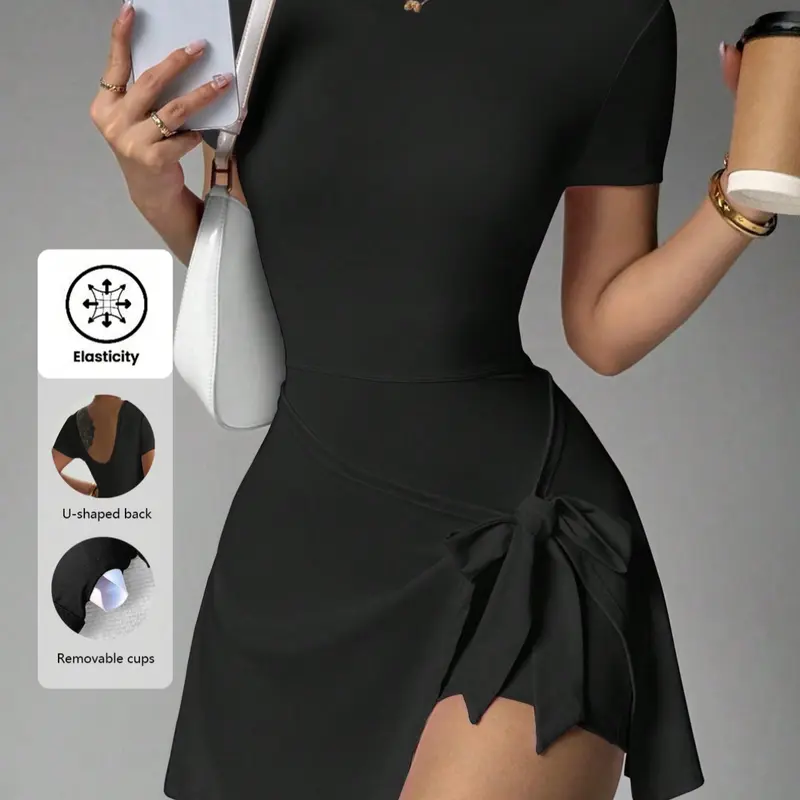 New Plain Short Sleeve Dress with Tie Waist, Stylish Yoga Tennis Dress for Women, Trendy Sporty Dress for Active Lifestyle, Workout Exercise Dress