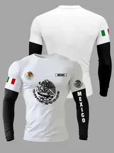 Men's Sporty Two-Piece Colorblock Long Sleeve T-Shirt, Fashion Round Neck Design, Mexican Eagle Snake Letter Pattern, Casual Street Style, Athleisure Street Fit, Casual Sportswear
