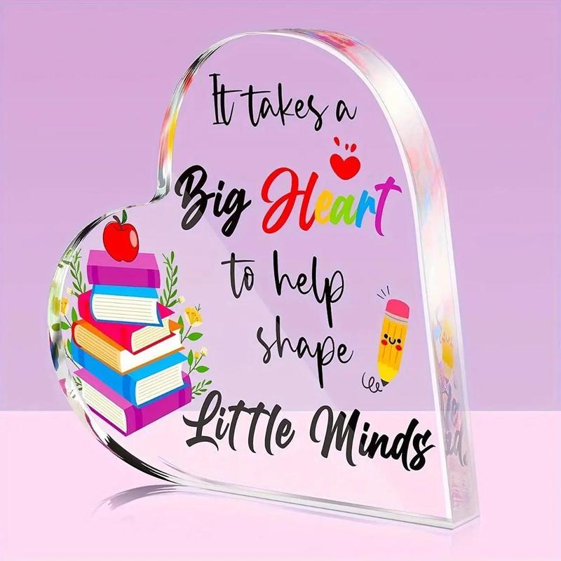Acrylic Heart Shaped Desktop Ornaments, 1 Count Books & Letter Pattern Acrylic Plaque for Teachers, Office Classroom Desk Souvenirs
