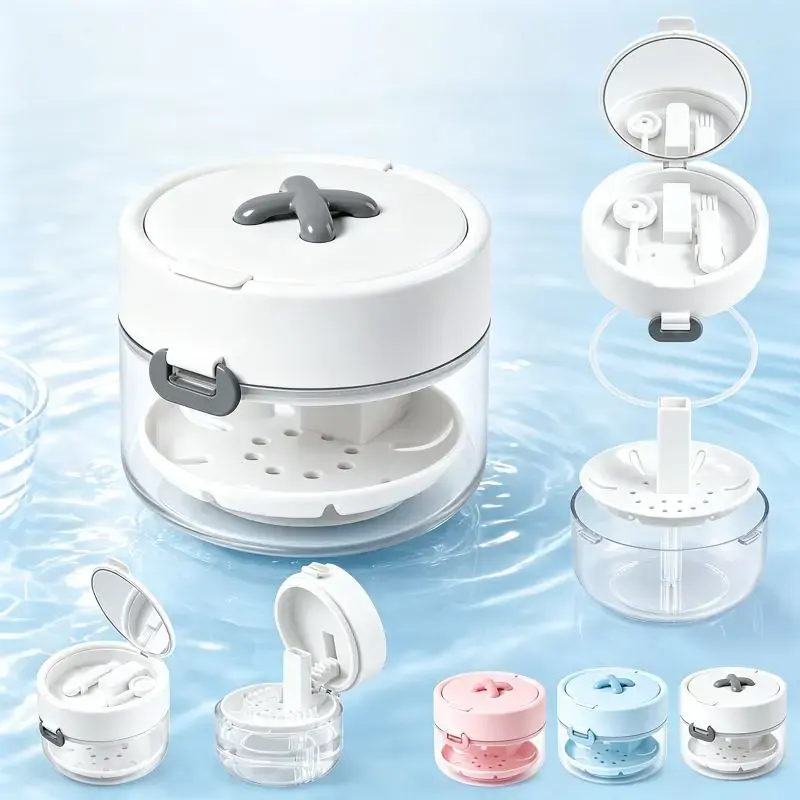 【PUREVIA】3-in-1 Retainer Case with Mirror, Cleaning Brush & Rinse Basket, Portable Aligner Storage Box for Invisalign, Braces & Dental Care, Travel Oral Hygiene Organizer