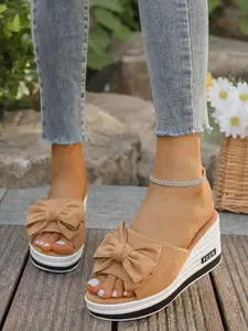 New Bowknot Wedge Sandals, Thick Sole Platform Design, Women's Multi-Color (//cheetah Print), Summer Casual Shoes, Flatform