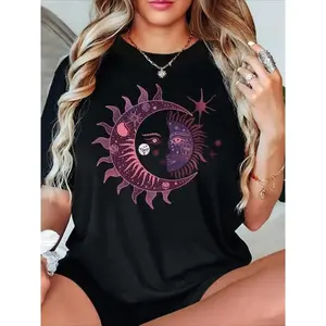 Women's Casual Sun & Moon Graphic Tee Crew Neck Short Sleeve Machine Washable Perfect for Spring & Summer Cotton Shirt Top Womenswear Black Breathable Polyester Blend Comfortable Stylish T-Shirt Unisex Design Day Knitted Matching Fit