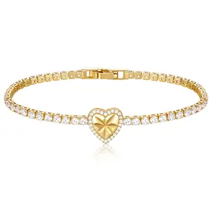 KissYan Tennis Bracelets for Women, 14K Gold Plated CZ Heart Square Charm Bracelet Classic Cute Adjustable Jewelry Gifts Valentine's Day Gifts