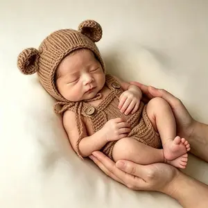 Newborn Photography Outfit, Baby Boy Girl Photo Props, Knitted Romper and Hat Set for Newborn Photoshoot
