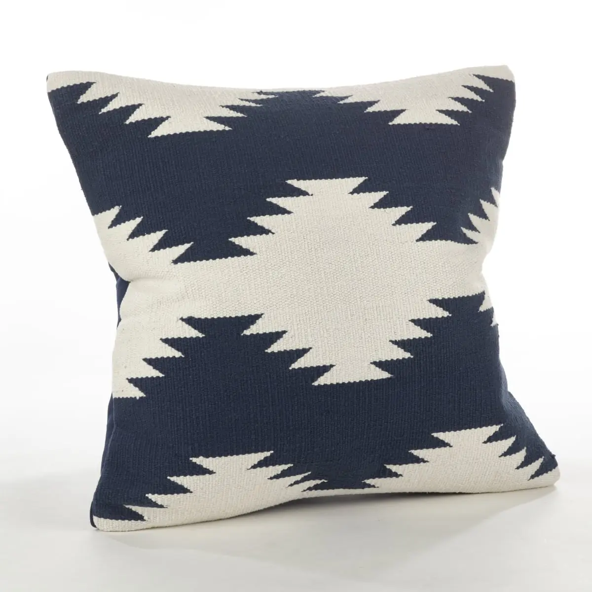 SARO 5827.NB20S Contemporary Wool-Cotton Blend Kilim Print Square Throw Pillow - 20 in. Down-Filled, Decorative Beaded Design, Navy Blue for Contemporary Home Decor