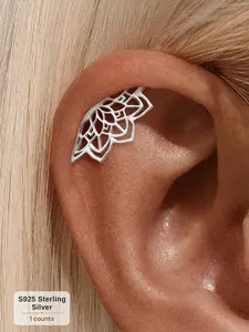 Single Unit (Flat-Back Piercing) — Platinum-Tone S925 Sterling Silver Openwork Lotus Cartilage Stud. Ideal for Versatile Wear, daily wear, as well as special occasions such as weddings, parties, engagements, anniversaries, Valentine's Day, and more.