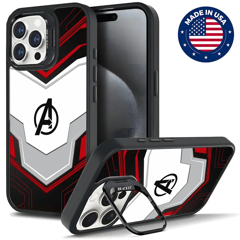 Avengers Aesthetic Pattern MagSafe Protective Casing for iPhone 12-16 Pro Plus Max, Magnetic Hard TPU Shockproof Cover with Tough Metal Lens Frame, Bracket Stand & Bluetooth Gift Speaker (Men's Customized Accessory)