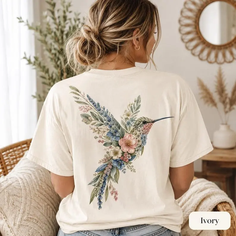 Comfort Colors Hummingbird Back Print TShirt, Floral Bird Tee, Cottagecore Pressed Flower T-Shirt, Boho Nature TShirt