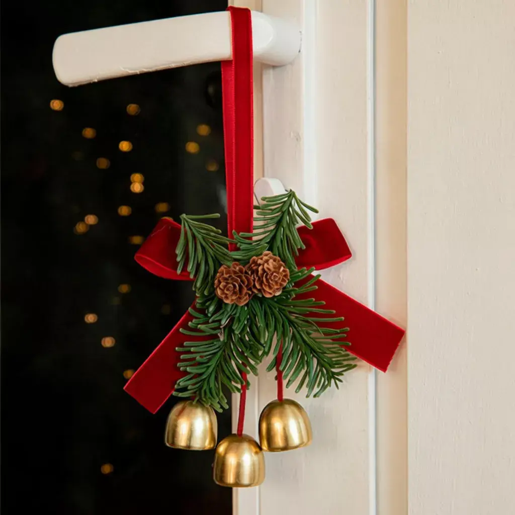 Christmas Bell Ornament with Red Velvet Bow, Gold Bells, and Pine Cones for Festive Decor