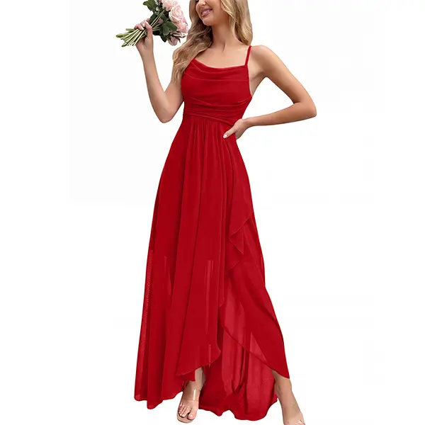OQQfitness Womenswear Long Formal Dresses Sleeveless Casual Party Natural Dress, Split Elegant starp Wrap Ruffle Wedding Dresses