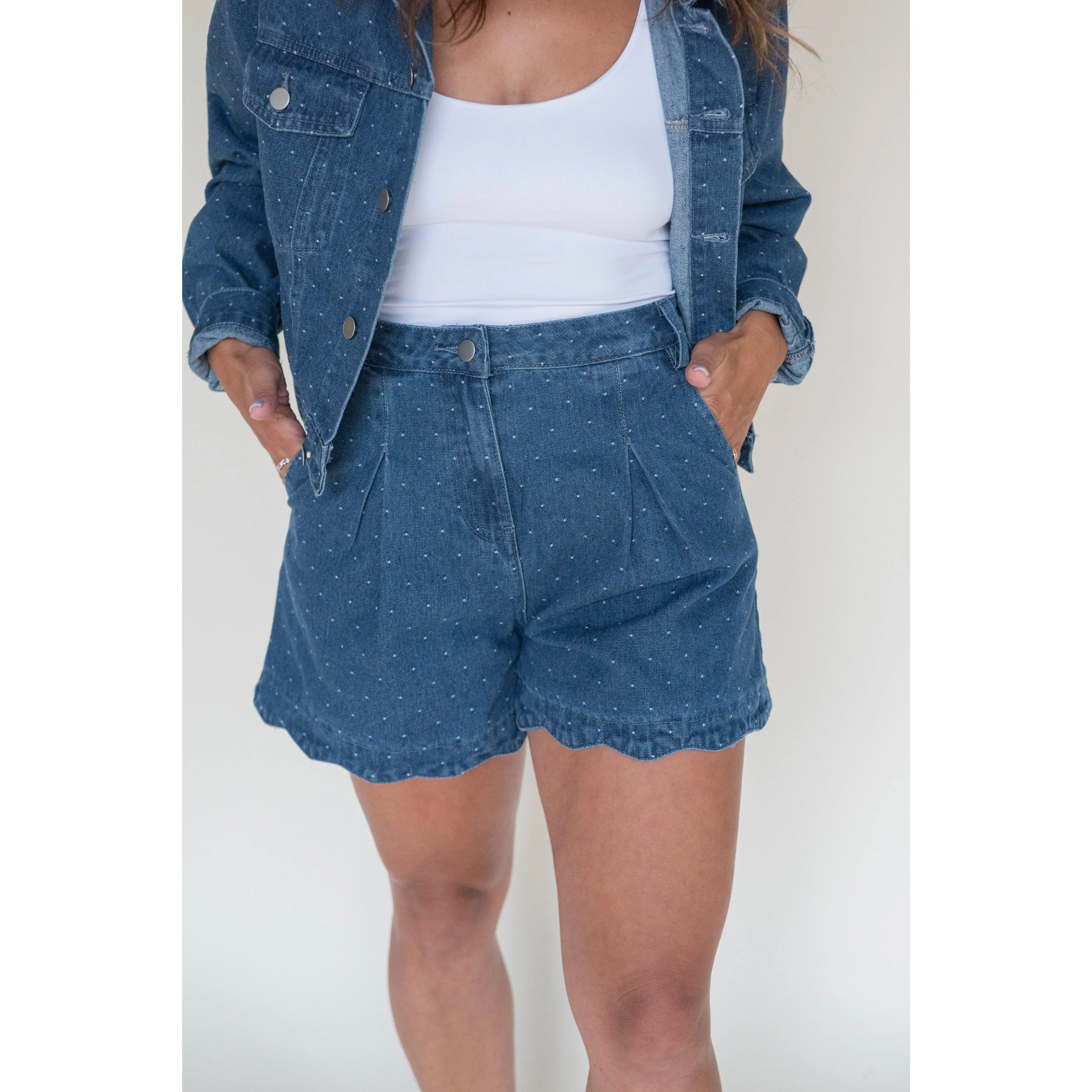 scallop denim shorts