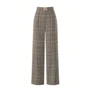Women’s French vintage-inspired high-end fashion casual plaid pants; solid-color elegant slim-fit comfortable wool blend suit pants for autumn and winter; flannel plaid trousers