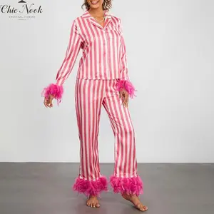 Women’s Satin Pajama Set, Long-Sleeve Striped Top with Lapel Collar + Elastic-Waist Patchwork Feather-Print Pants Sleepwear Outfit
