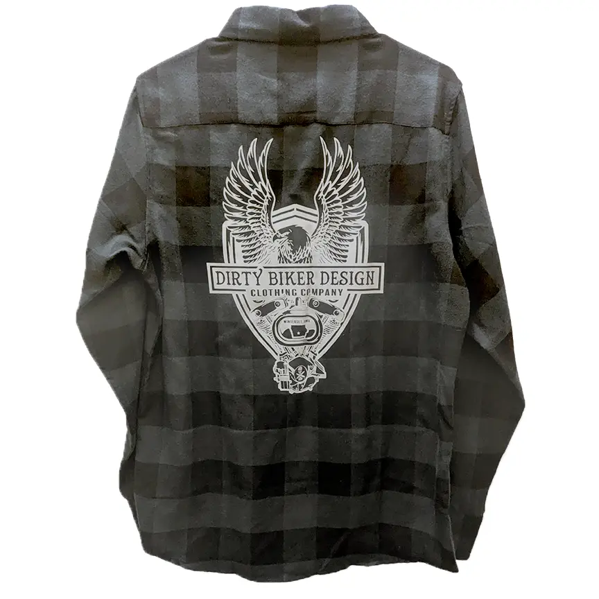 Dirty Biker Design Night Flier Flannel Shirt - Long Sleeve, Plaid, Eagle Design, Pockets, Polyester