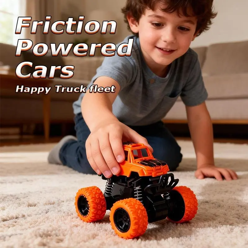 Friction-Powered Monster Truck Vehicle Playset (4-pack) , Push & Go, Double-Direction Inertia Cars, 360° Rotation, Durable Set, Fun and Engaging Birthday Gift for 3+ & 4-6 Years Old Kids