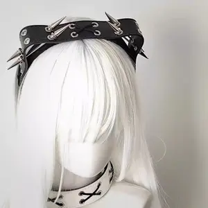 New Harajuku Gothic Y2K Punk Rivets Leather Hair Hoop Halloween KC Headband Women Girl Lolita Punk Hairbands Hair Accessories