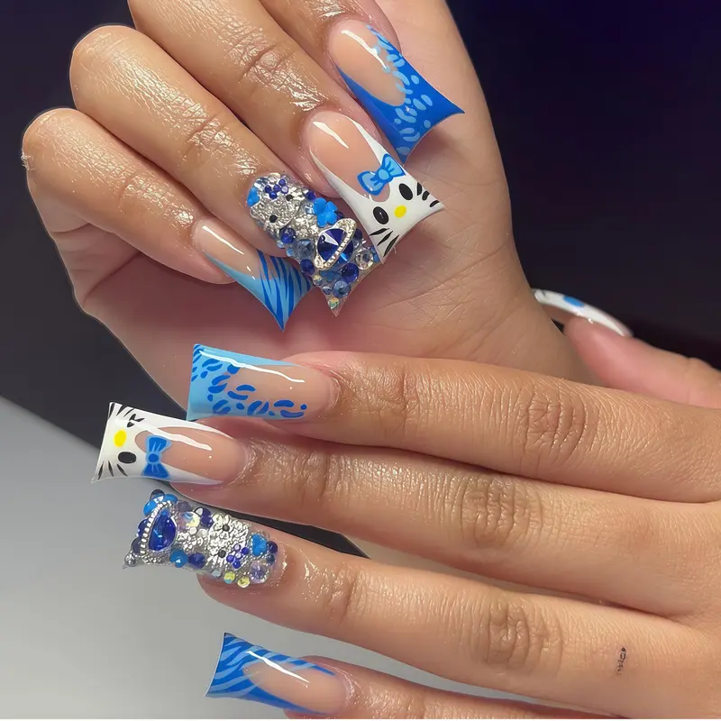 Press On Nails, Short Coffin, French Blue Cat Rhinestone, 24PCS + 5-Piece Nail Kit, Easy Apply, Perfect for Parties & Daily Wear Customized Liveroom Nail Art  Christmas gift