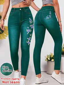 【Printed Legging - Not Denim Fabric】Women's Faux Denim Skinny Tight Pants, Jeans Print Women's Bottoms, Casual Fit All Seasons, Comfortable and Stylish