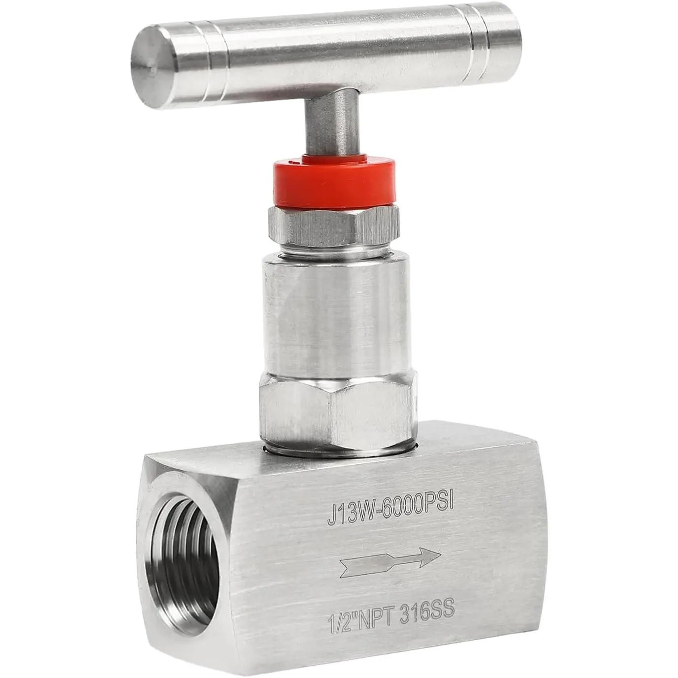 316 Stainless Steel Straight Needle Valve, 1/2" NPT Female Thread 6000PSI Heavy Duty Industrial Hydraulic Flow Control Valve with 2 Port for Valve Flow Control Water Gas Oil (1/2“NPT) Pipe Metal Parts