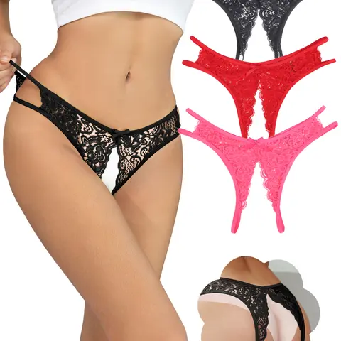 Women's Crotchles Panty, Plus Size Sexy Lace Sheer Underwear Low-Rise T-Back Sheer Cheeky Hipster Lingerie with Cute Bow Briefs, Soft Breathable Elastic -Trim Knicker for All Seasons, Lady-Focused Plus Size Womenwear& Womens Gifts Panties (M-3XL)
