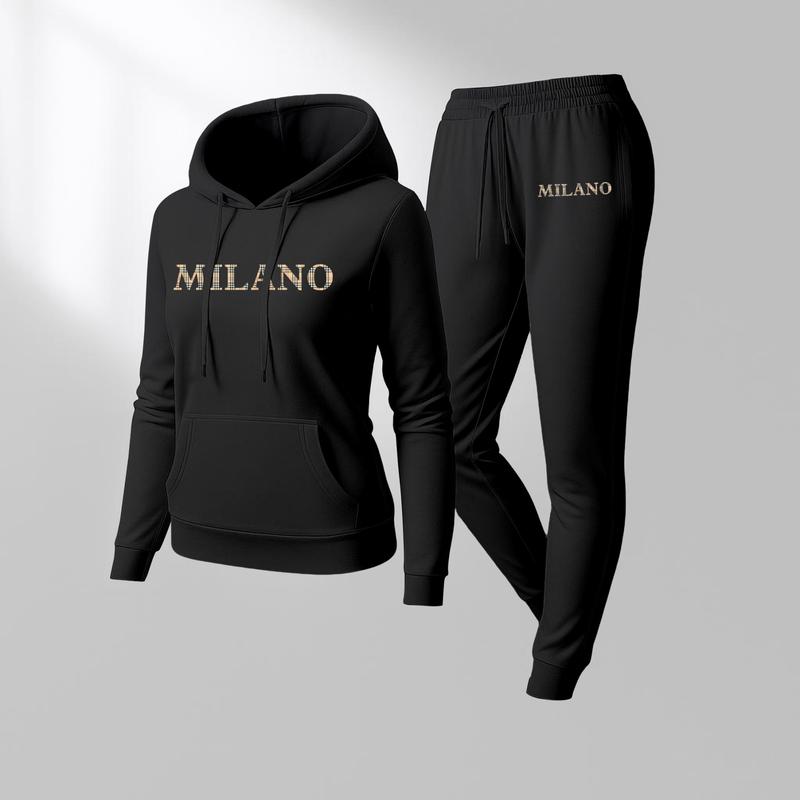 Women's MILANO Print Hoodie And Drawstring Track Pants Set, Casual Sportswear, Long-Sleeved Hooded Jacket And Pants, Suitable For Autumn And Winter, Everyday Wear, Indoor And Outdoor Sportswear, Casual Sportswear.