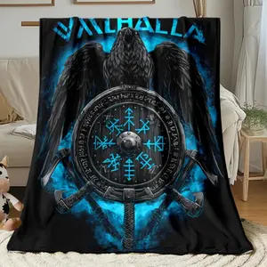 Raven Valhalla Viking Blanket – Soft Warm Flannel Throw for Sofa, Bed & Camping, HD Norse Mythology Design with Ragnar Lothbrok, Viking Ships & Runes | Cozy Gift for History, Fantasy & Holiday Season