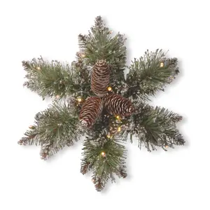 14" Glittery Pine Snowflake w/Batt Op White LEDLights