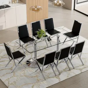 Restaurant table and chair set. Includes one or two 71 x 35.4-inch tempered glass dining tables, and 6/8/10 silver metal-framed PU dining chairs. This modern-style kitchen and dining furniture set is designed specifically for family gatherings.