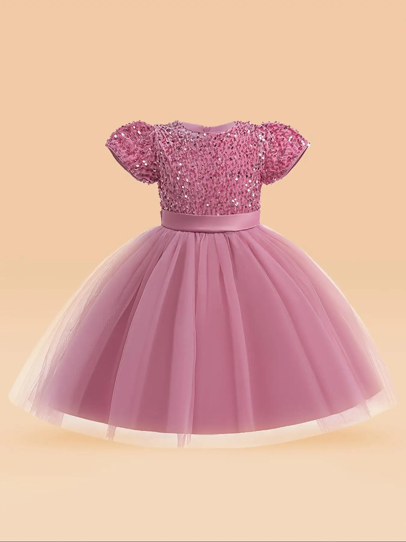 Girl's Contrast Mesh Sequin Bow Decor Fit & Flare Dress, Elegant Cap Sleeve Round Neck Dress for Party, Kids Clothes for All Seasons