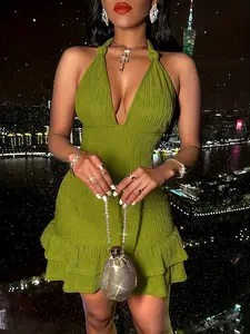 CharmGlow Summer Party Gala Sexy Backless Yellow-green Dress Casual Womenswear Comfort Basic