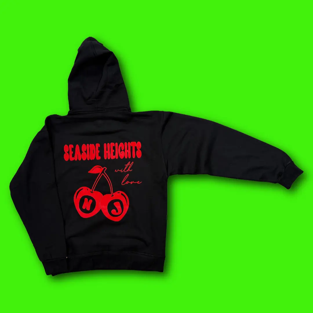 Seaside Heights NJ "Cherry Bomb" Jersey Shore Hoodie - Red Glitter Cherries Print on Black - Front & Back Graphic - Unisex Sizes S-5XL - Bold, Comfy & Iconic Streetwear