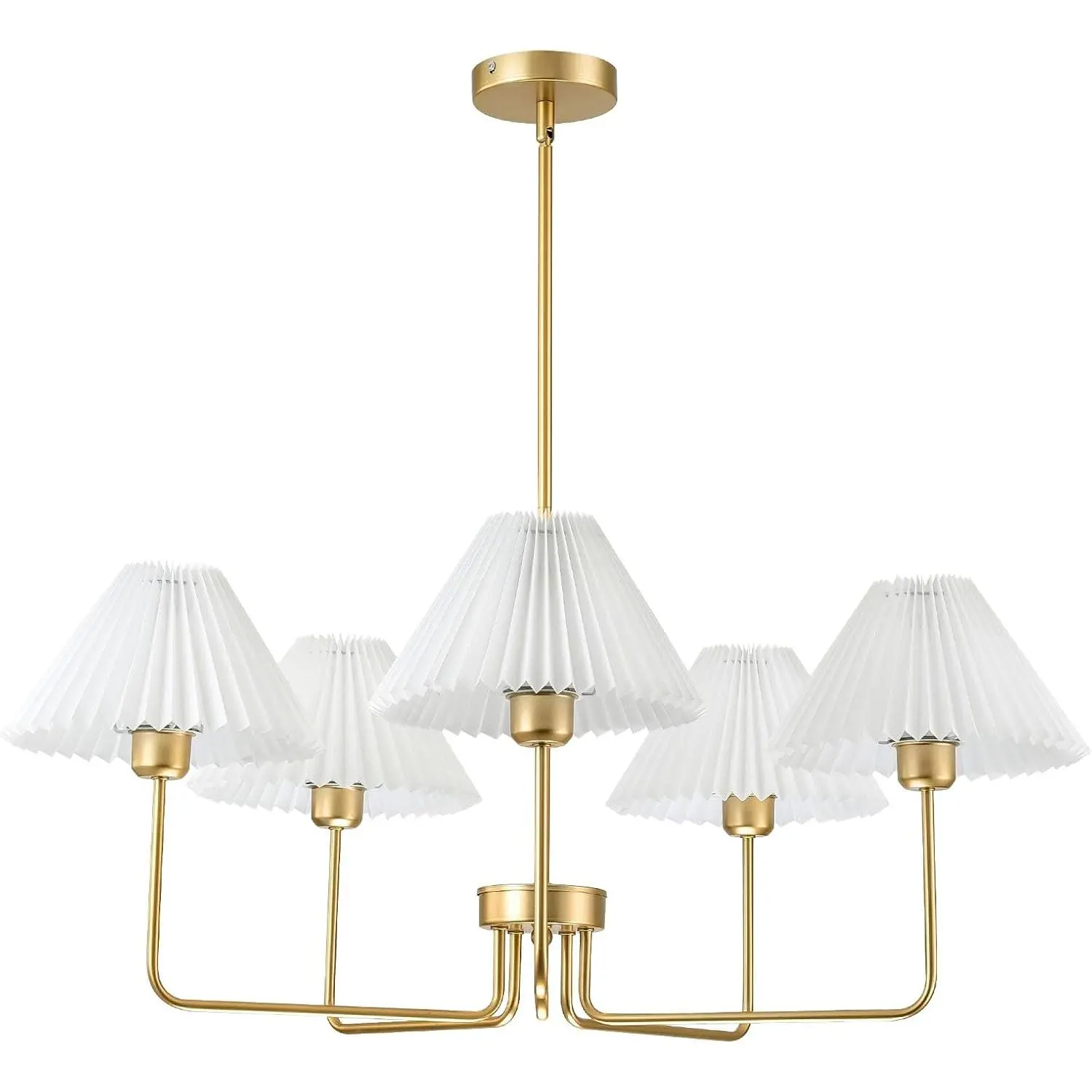 Gold Modern 5-Light Chain Wire Chandelier, 33.4" Adjustable Extension Light Fixture with White ABS+Fabric Shades, Height-Adjustable for Dining Room, Kitchen Island Table, Chain Wire Chandeliers, Adjustable Extension Chandeliers