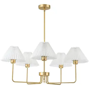 Chandeliers for Dining room,33.4" Gold Modern Pandent Light Fixtures with White ABS+ Fabric Shades, 5-Light Farmhouse Chandeliers for Kitchen Island Table, Bedroom, Living Room, Height Adjustable