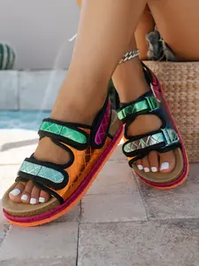 2026 Women's Ethnic Style Thick Sole Sandals, Colorblock Velcro Soft Bottom Non-Slip Beach Shoes, Lightweight Comfortable Summer Outdoor Slippers