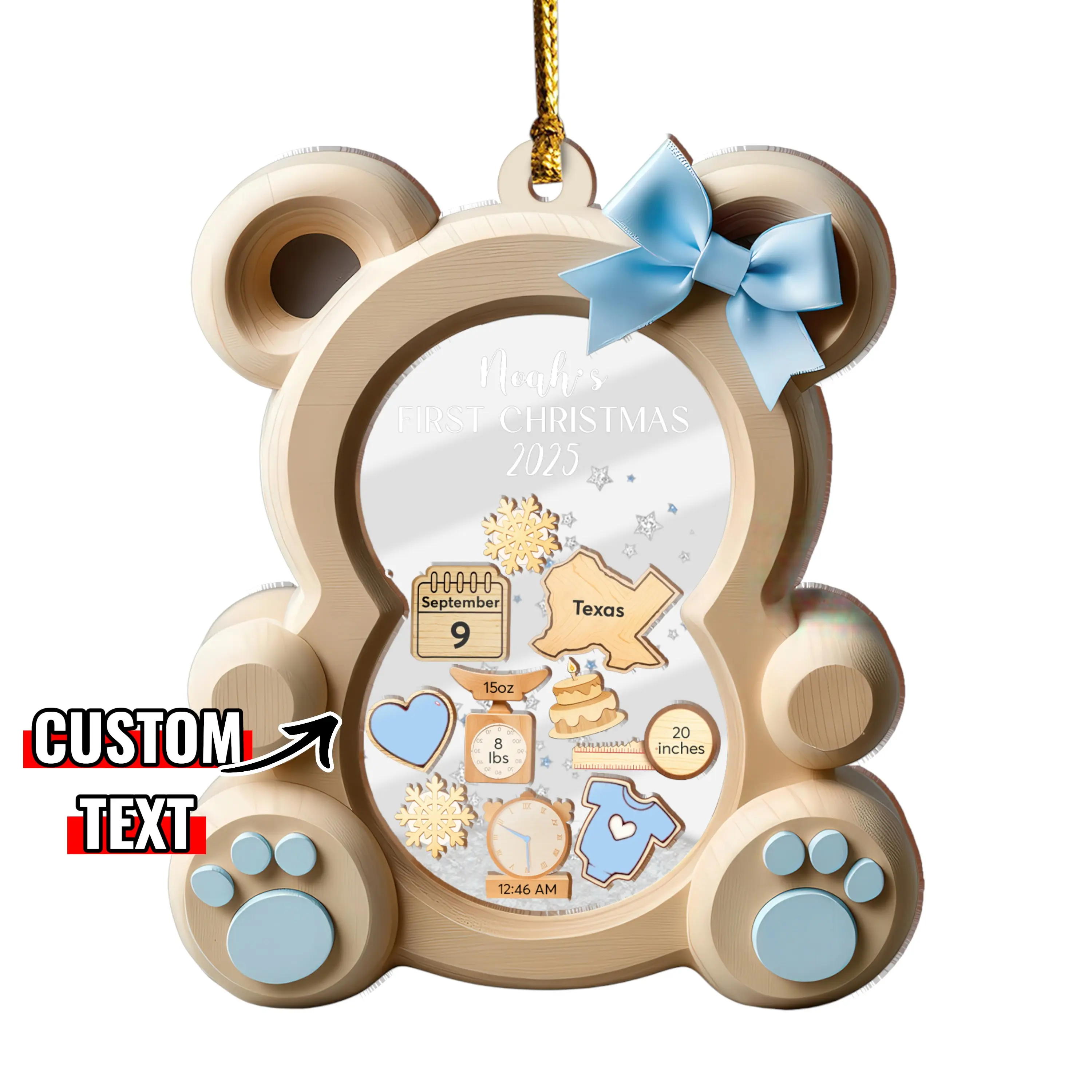 Personalized Baby's First Christmas Ornament 2025 Custom Baby Boy Girl First Christmas Bauble Newborn Gift 4D Shake Ornament for Babies with Custom Text and Teddy Bear Design
