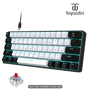 Snpurdiri 60% Wired Mechanical Gaming Keyboard, Ice Blue LED Backlit 61 Keys Mini Wired Office Keyboard For Windows Laptop PC Mac (Black-White, Red Switches)