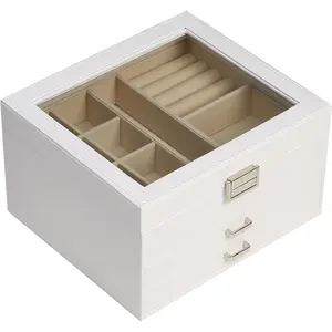 Boovo clear lid jewelry box, 3 layers jewelry organizer large multi-functional jewelry storage box with 2 drawers, jewelry display case of rings earrings necklace bracelets for women girls (white)