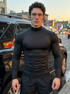 Men's High Neck Long Sleeve T-Shirt, Athletic Shirt, Black, Soft & Comfortable, High Stretch & Breathable, Perfect for Casual Wear, Sports & Everyday Layering