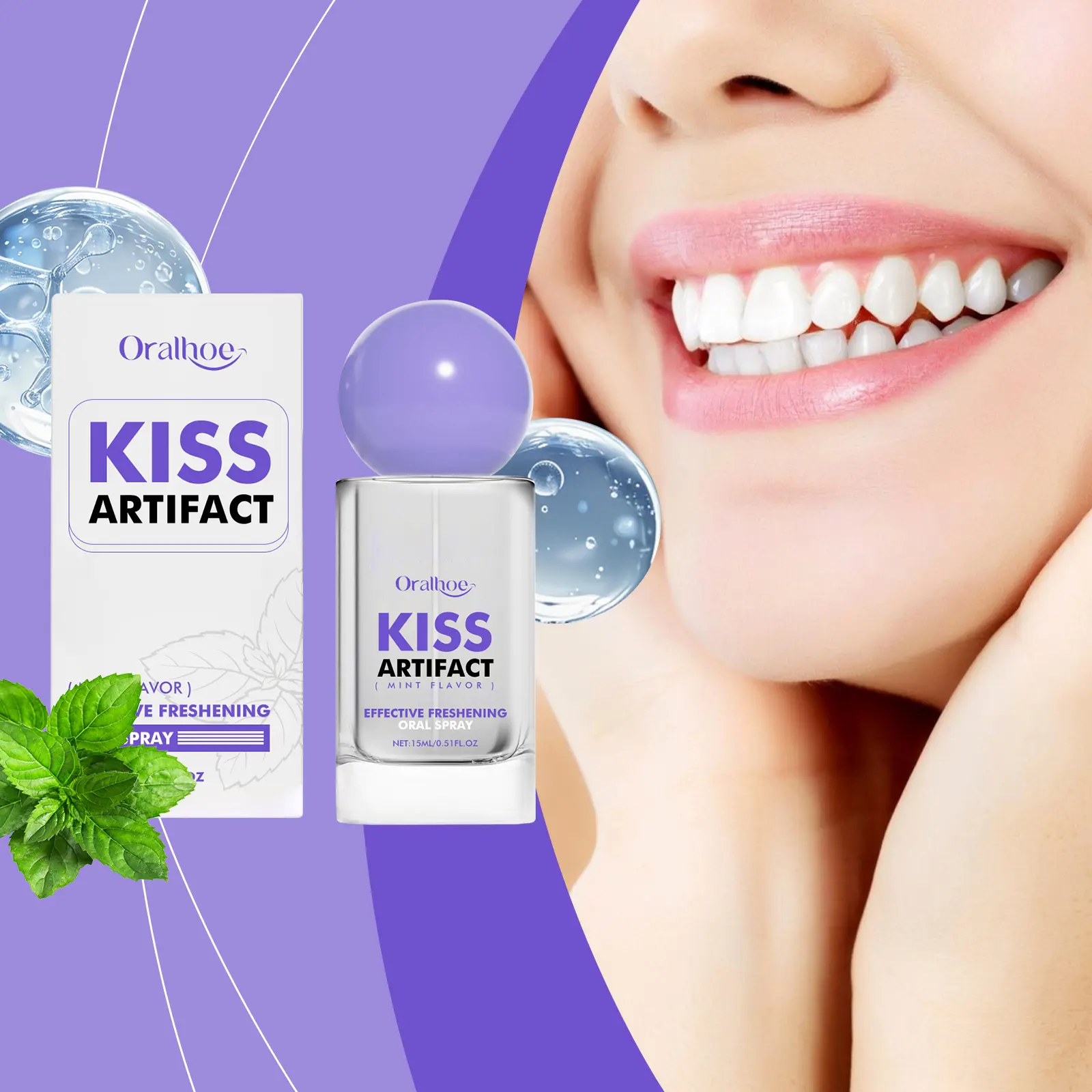 Oralhoe KISS ARTIFACT Oral Spray - Peppermint Flavor Fresh Breath & Teeth Whitening - Gentle Gum Care & Odor Elimination - 15ml Travel Size - Daily Portable Hygiene