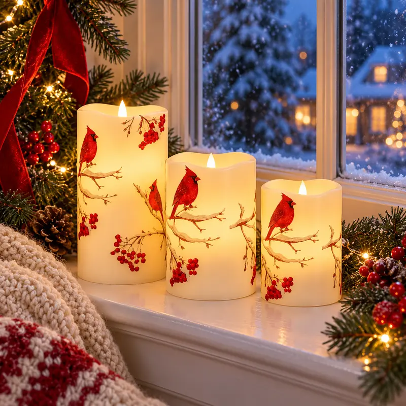 3-Piece Cardinal Bird & Berries Flameless LED Pillar Candles - Battery ...