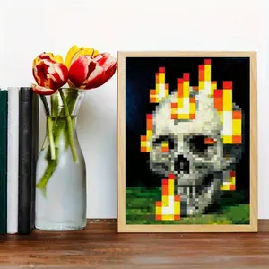 Vibrant 1pc Pixel Skull & Flames Canvas Poster Unframed Art Print for Bedroom Cafe Indoor Wall Decor Ideal for Christmas New Year Celebrations Festive Wall Art Detailed Artwork Skull Decor Ornaments Decoration Posters Artistic wall decor wall art posters