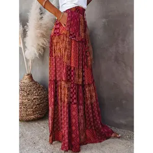 Women's Bohemian Patchwork Maxi Skirt, Vintage High Waist A-Line, Colorful Floral Geometric Patterns, Lightweight Polyester Casual with Pockets, Comfort Fitted Red Womenswear Bottom for Spring Summer Outfits