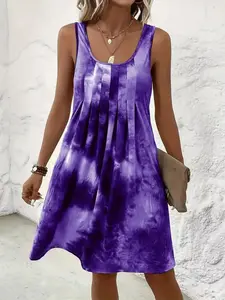 Colorblock Tie-Dye Sleeveless Vest Dress, Boho Dress, Casual Style, Perfect for Traveling Outdoors, Women's Fashionable Summer Wear, Casual Boho Elegant, Casual Boho Chic