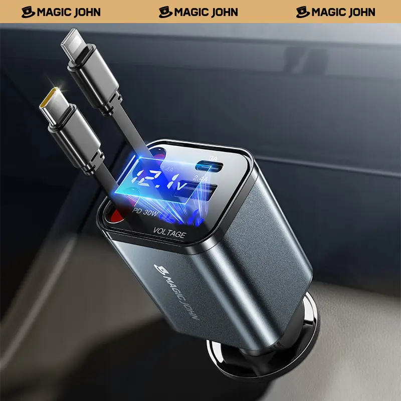 MAGIC JOHN 30W PD Car Charger Fast Charging, mini charger, 180° Rotatable Design, with Retractable Cable, Plug & Play