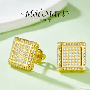 Moi Mart Hip-Hop Synthetic Moissanite Pavé Set Earrings, Square Stud Earrings for Unisex, S925 Silver Hypoallergenic Urban Street-wear Earrings