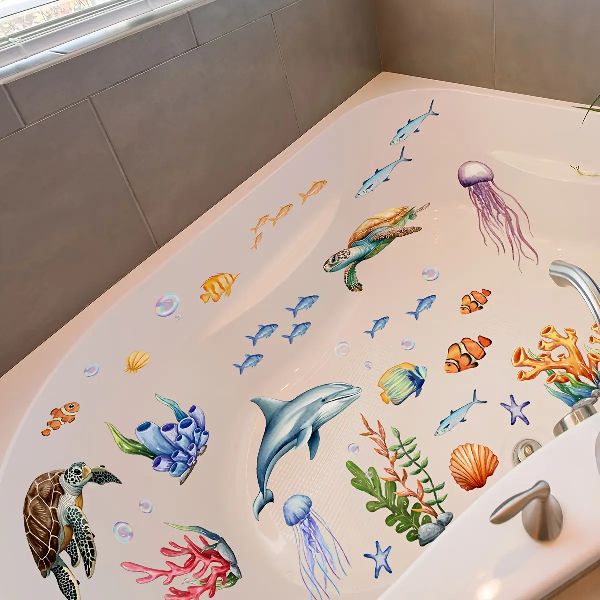 A new hand-painted marine life bathtub sticker, a fun background decorative wall sticker for bathrooms and toilets, Bathroom Decoration Accessories, Bathroom House Decor, Bathroom Decorations (30*90cm) (MS11005-ZY)