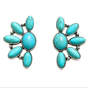 Women's Oversized Western-Inspired Dangle Earrings - Arkansas Derby Turquoise-Inspired Metal-Coated Bold Statement Costume Jewelry, Chic Style Female Accessories for Rodeo Enthusiasts, Ideal for Rodeo Events