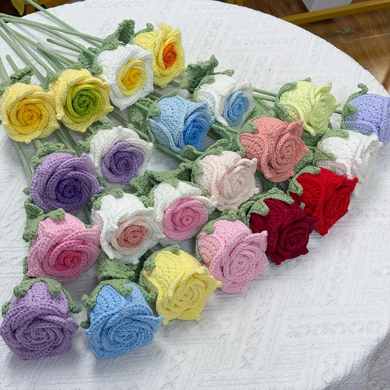 Decorative Wool Hand-Woven Small Thai Gradient Roses with Rich Layers, Artificial Blooms for DIY Projects & Crochet Decor